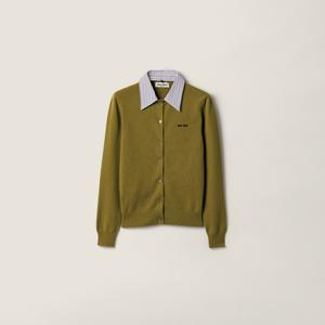 Кашемировый кардиган с воротником MIU MIU, зеленый папоротник/какао-коричневый