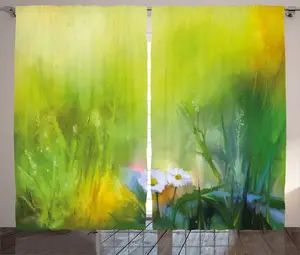 Штора ABAKUHAUS Green Rustic, пасторальный ромашковый арт-объект, присборенная тесьма для спальни с петлями и крючками, 280 x 225 см, цвет: белый и зеленый Abakuhaus