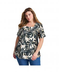 Женская блузка с присборенным квадратным вырезом AVENUE, Neutral graphic leaves