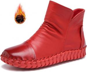 Женские кожаные ботинки с ручной строчкой до щиколотки, высокие теплые ботинки с меховой подкладкой, противоскользящие зимние ботинки, модные ботинки на молнии сбоку с мягкой подошвой из говяжьей кожи MVIOBUY, Red-Fur Lined