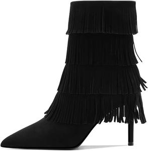 Женские сапоги YDN Cowgirl с бахромой, кисточками, высоким каблуком-стилето до колена, боковой молнией, длинные ботильоны в западном стиле, размеры 4-15 US, Black Ankle High