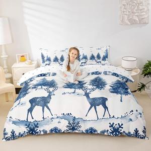 Erosebridal Комплект постельного белья с новогодним принтом оленей и снежинок из микрофибры, White Blue