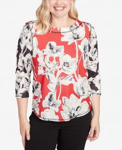 Миниатюрная любительница путешествий, динамичный цветочный винтажный топ в акварельном стиле Alfred Dunner, Red Multi