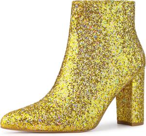 Женские ботильоны Allegra K с блестками, зауженный носок и массивным каблуком, Yellow Gold