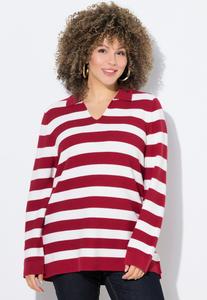 Поло Ulla Popken STRIPED COLLAR LONG SLEEVE, Ruby Red/Red