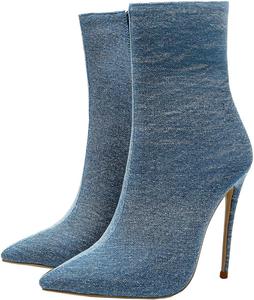 Женские джинсовые ботильоны на высоком каблуке с острым носком и боковой молнией, сексуальные туфли для вечеринки Uniquelly, Light Blue