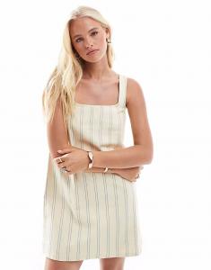 Джинсовое мини-платье ASOS DESIGN с квадратным вырезом в полоску цвета пахты