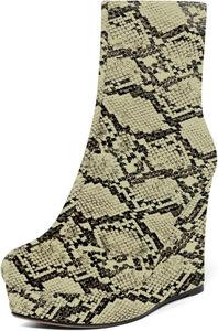 Женские лаковые ботильоны AMBELIGHT с молнией, на платформе, однотонные, с круглым носком, на клиновидном каблуке, средняя голень, 4 дюйма, Nude Snake