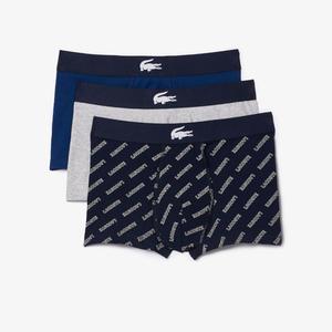 Мужские хлопковые трусы-боксеры Lacoste с диагональным принтом, 3 шт., Navy Blue/Silver/Charcoal