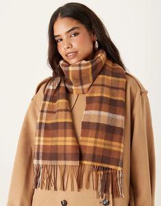 Клетчатый шарф Mango из 100% шерсти темно-коричневого цвета