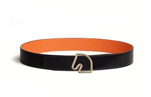 HERMES Золотая пряжка с головой лошади двусторонний кожаный ремень мужской черный оранжевый ширина 3,8 см, Black/Orange