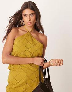 Укороченный топ с халтер-воротником и геометрическим узором в оливковом цвете Asos Design