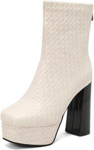 Женские ботильоны на платформе с квадратным носком из лаковой кожи, челси с высокой массивной подошвой, задняя молния, водонепроницаемые, модные праздничные туфли Generic, Beige