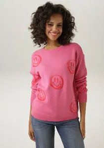 Aniston CASUAL вязаный свитер, с вязаными смайликами, красный