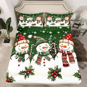 Erosebridal Детский комплект постельного белья Kawaii Snowman с новогодним принтом снежинок, черный и зеленый, дышащий материал, White Green