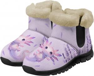 Женские зимние ботинки Jeiento Cute Salamander с цветочным узором, пушистые, на щиколотку, для походов, с противоскользящей подошвой, Cartoon Salamander -Purple