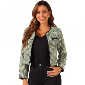 Твидовый пиджак для женщин, повседневный круглый вырез, пуговицы спереди и длинный рукав ALLEGRA K, зеленый