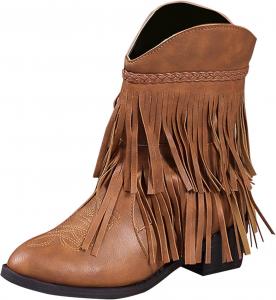 Женские ковбойские сапоги с кисточками на щиколотке, бахромой и западным носком, винтажные с массивным каблуком, на подъем, для кантри-концертов Generic, Brown