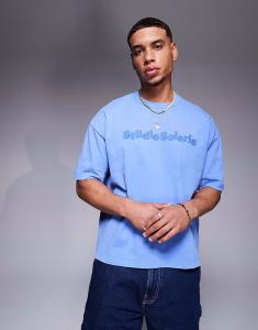 Футболка свободного кроя ASOS DESIGN из плотной ткани плотностью 220 г/м² светло-голубого цвета с вышитым текстом