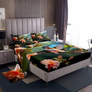 Erosebridal Комплект постельного белья Hummingbird King с цветочным принтом колибри в деревенском стиле, Pink Green