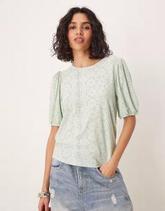 Футболка Vila Broderie с рукавами-буфами в цвете «зеленый ил»
