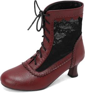 Женские кружевные викторианские ботинки, броги с крыльями, шнуровка, сетчатые короткие ботильоны на низком каблуке, винтажные каблуки-лодочки, свадебные и праздничные ботинки, ботильоны для костюма ведьмы Blano Lofor, Burgundy