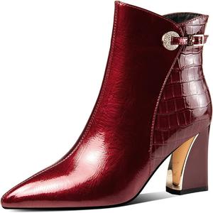 Женские ботильоны TinaCus из глянцевой лакированной кожи с ручной отделкой, массивным каблуком, заостренным носком, боковой молнией и изысканным декором с пряжкой, A Burgundy