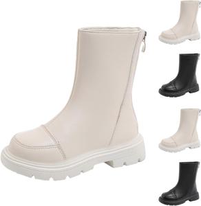 Девочкам сапоги до середины икры водонепроницаемые сзади на молнии осенне-зимние модные ботинки из искусственной кожи Generic, Black