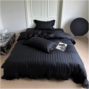 Generic Комплект постельного белья из египетского хлопка 1000TC в черную вертикальную полоску с текстурой, богемный стиль, модель FH-762 Black