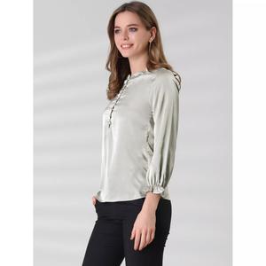 Женская офисная атласная блузка с рюшами на шее и пузырьковыми рукавами на эластичных манжетах и ​​пуговицах ALLEGRA K