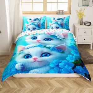 Erosebridal Комплект постельного белья Floral Cat Girls с милыми котиками и цветочным принтом, мягкий и легкий для любого сезона, Blue White