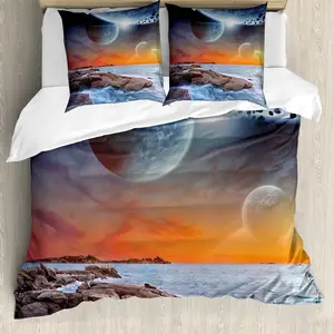 Пододеяльник ABAKUHAUS Galaxy, с изображением планеты, защита от клещей, подходит для аллергиков, с наволочками, 200 x 200 см - 80 x 80 см, цвет: оранжевый, умбра, синий Abakuhaus