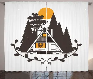 Шторы ABAKUHAUS "Деревенский пейзаж", "Коттеджный домик, горы", универсальные ленточные шторы для гостиной с петлями и крючками, 280 x 225 см, коричневые с бархатцами Abakuhaus