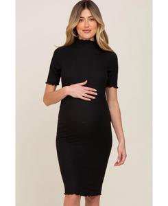 Черное облегающее платье миди в рубчик с высоким воротником для беременных Pinkblush, Black