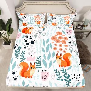 Erosebridal Комплект постельного белья Kawaii Squirrel с мультяшными белками, сердечками и цветами, Orange