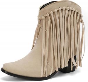 Женские сапоги Alyaafifa с бахромой, массивным блочным каблуком на танкетке, широкие голенища, ботильоны с закрытым носком, без застежки, короткие сапожки с V-образным вырезом и кисточками, модные, нарядные и удобные, Suede - Block Heel - Beige