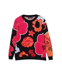 Черный вязаный свитер с цветочным принтом Desigual, мультиколор