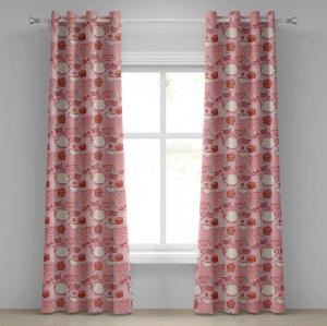ABAKUHAUS Мультяшная занавеска с люверсами, чайники, чашки с узором в горошек, узор с вишневым тортом, чаем и кофе, декоративные оконные шторы с 2 панелями, 280 см x 260 см, розово-оранжевый и красный
