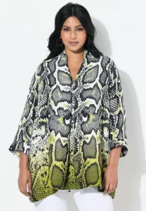Блузка с рукавами 3/4 и эффектом градиентной окраски, украшенная змеиным принтом. Ulla Popken, Black
