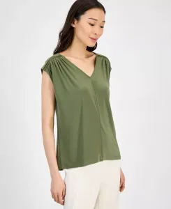 Женская блузка с V-образным вырезом, кружевными вставками и удлиненными плечами Anne Klein, зеленый