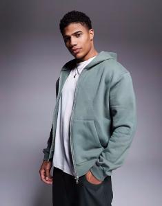 Толстовка свободного кроя с капюшоном на молнии премиум-класса ASOS DESIGN плотностью 400 г/м² в средне-зеленом цвете - ХАКИ