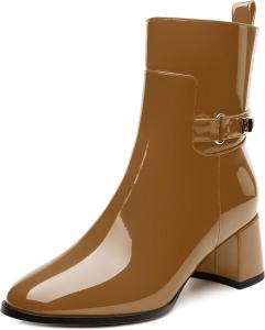 Женские ботильоны SKYSTERRY с круглыми носками, массивным каблуком и высоким блок-каблуком, модные ботинки из лакированной кожи для вечеринок, свадеб, шопинга, работы и короткие платья, Brown