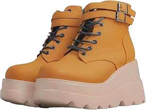 Женские байкерские ботинки готического стиля на платформе, ботильоны с ремешком на щиколотке, модные, с круглым носком, на шнуровке, с боковой молнией, панк с клиновидной массивной подошвой Generic, Brown