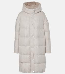 Шерстяное пуховое пальто с кожаной отделкой Brunello Cucinelli, Marmo