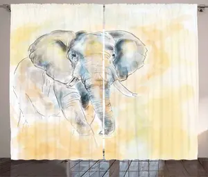Штора ABAKUHAUS Слон в деревенском стиле, экзотическое сафари, универсальные ленточные шторы для гостиной с петлями и крючками, 280 x 245 см, кремово-серый Abakuhaus