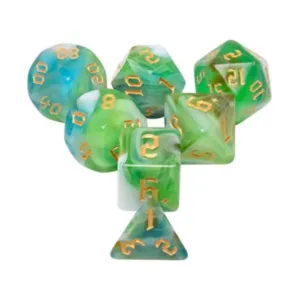Набор Poly — «Весенний бриз» с золотом (7), Dice Sets - Resin/Acrylic - Blue, Green, & Purple (Foam Brain Games)
