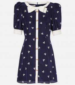 Мини-платье из шелка в горошек с бантом Alessandra Rich, Navy Blue-White