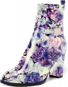 Женские ботинки AMBELIGHT с лакированной застежкой-молнией, повседневные, с круглым носком, на массивном высоком каблуке, ботильоны, 8,4 см, Purple Flower