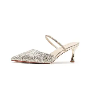 QITUMAUL Закрытые тапочки женские шампань голд [высота каблука 6,5 см], цвет Champagne Gold[Heel Height 6.5cm]