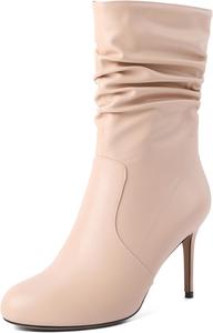 Женские ботильоны Soireelady с высоким каблуком, свободным верхом, круглым носком и шпилькой, молния сбоку, средней высоты, удобные нарядные ботинки на каблуке 3,5 дюйма, Matte Beige